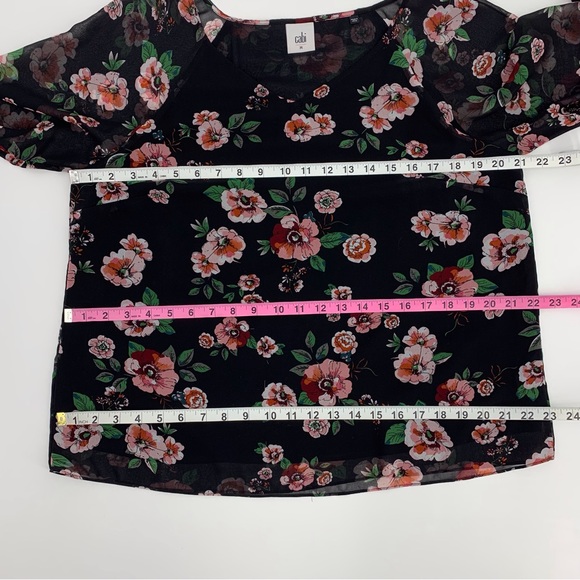 Cabi Garden Blouse # 3595, Black with Rose Print Layered 3/4 Sleeve Top, Medium - Picture 15 of 17